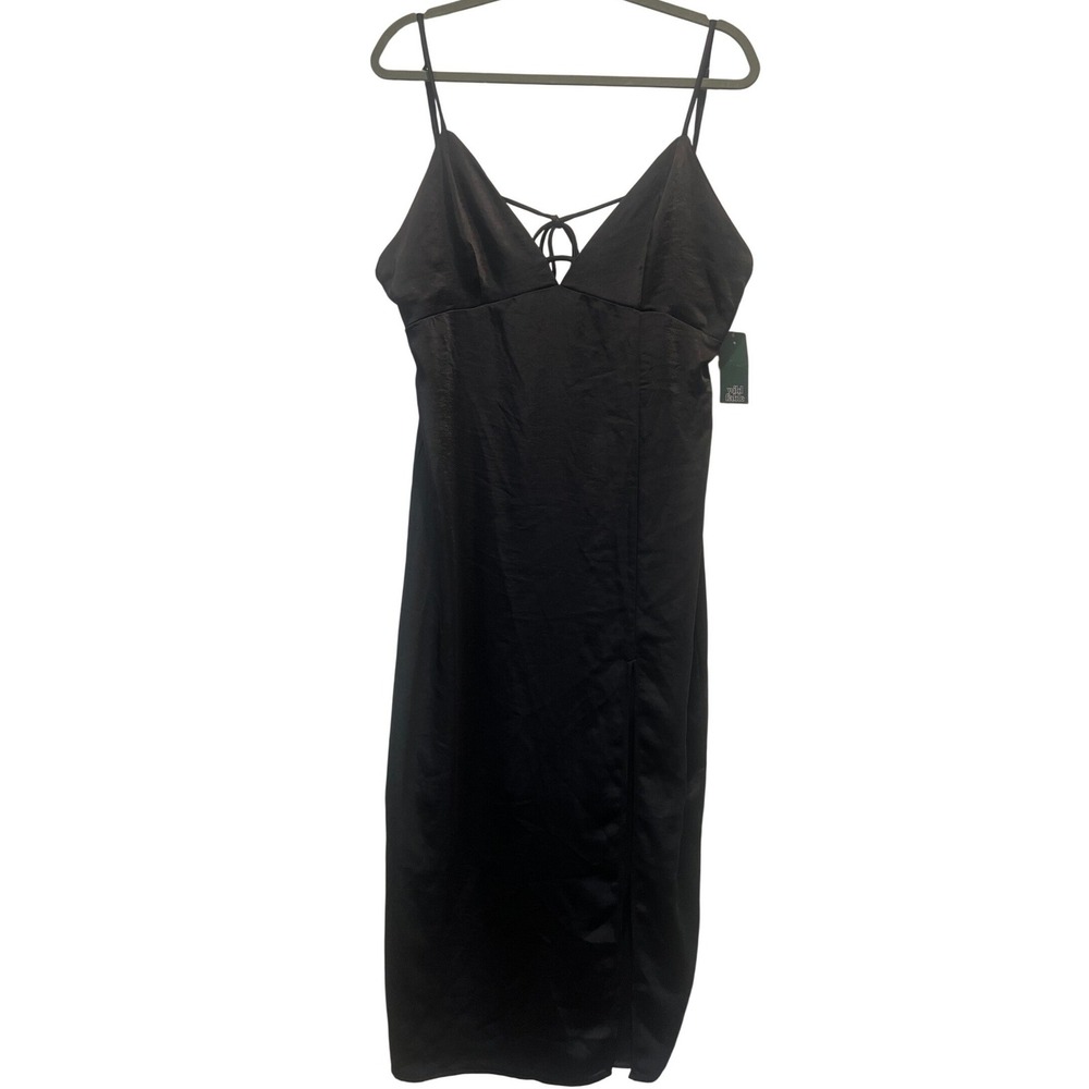 Wild Fable Midi Slip Dress Black Satin Lace Up Back Side Slit XL New with flaw